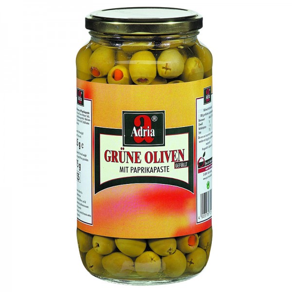 Adria Grüne Oliven mit Paprikastreifen 935ml Glas, 575g