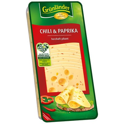 Grünländer Chili & Paprika Käse in Scheiben 48% 500g