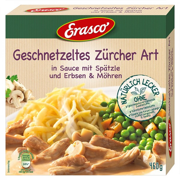 Erasco Geschnetzeltes Zürcher Art in Sauce mit Spätzle, Erbsen & Möhren 460g