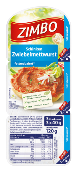 Zimbo Schinken Zwiebelmettwurst fettreduziert, 120g