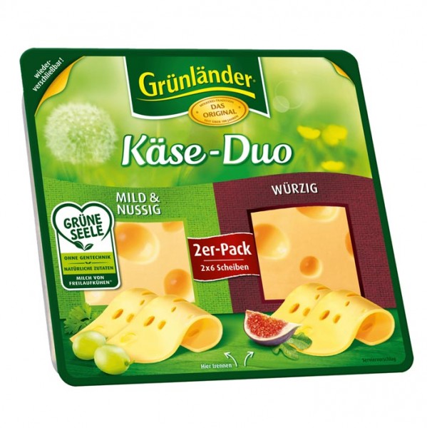 Grünländer Käse-Duo, Mild & Nussig / Würzig, Käse Scheiben 120g