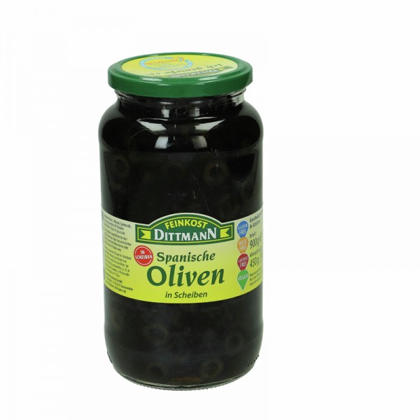 Dittmann Spanische Oliven schwarz in Scheiben 930ml Glas, 450g