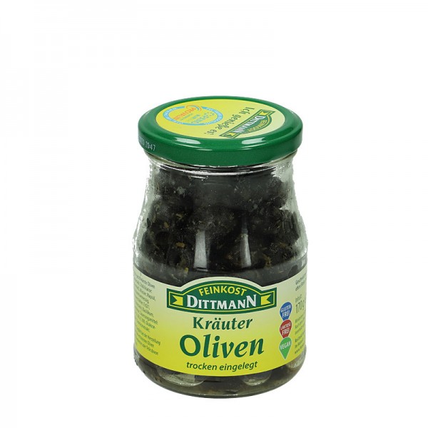 Dittmann Schwarze Kräuter Oliven trocken eingelegt 370ml Glas, 170g