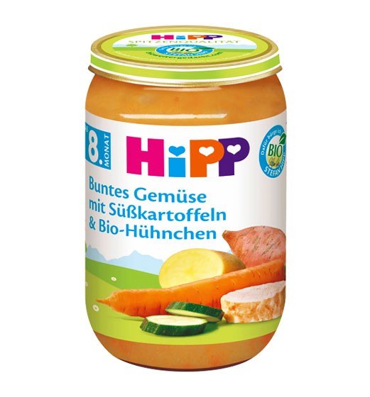 Hipp BIO Buntes Gemüse mit Süßkartoffeln &amp; Bio-Hühnchen ab dem 8. Monat 220g