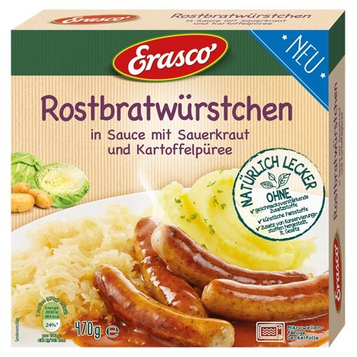 Erasco Rost-Bratwürstchen in Sauce mit Sauerkraut und Kartoffelpüree 470g