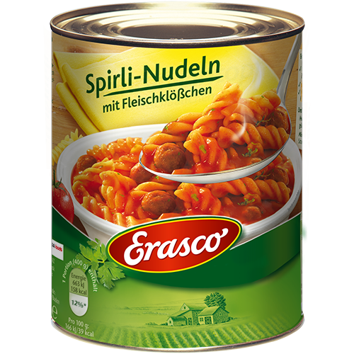 Erasco Spirli-Nudeln mit Fleischklösschen 800g von Frankenfresh geliefert! | FrankenFresh