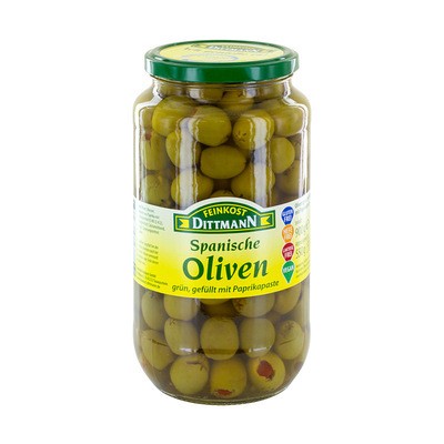 Dittmann Spanische Oliven grün mit Paprikapaste 935ml Glas, 450g