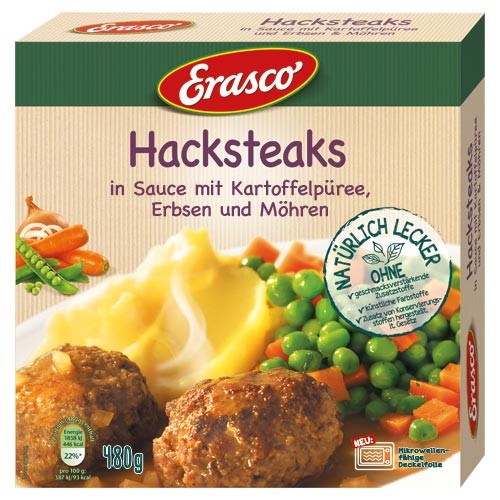 Erasco Hacksteaks in Sauce mit Kartoffelpüree, Erbsen & Möhren 480g