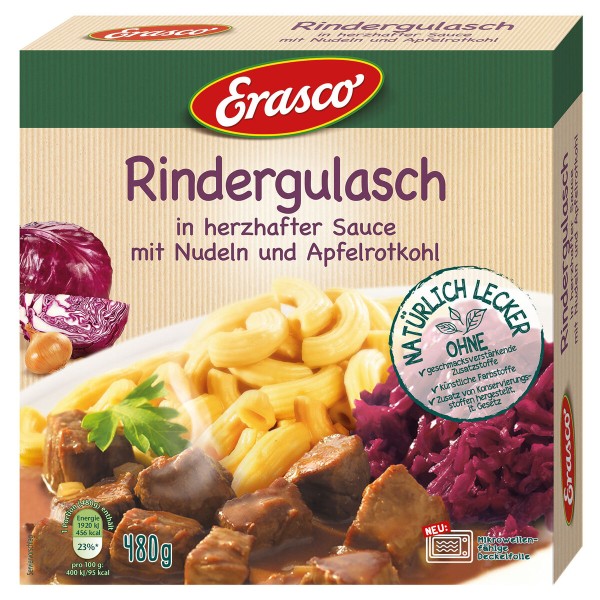 Erasco Rindergulasch in herzhafter Sauce mit Nudeln und Apfelrotkohl 480g